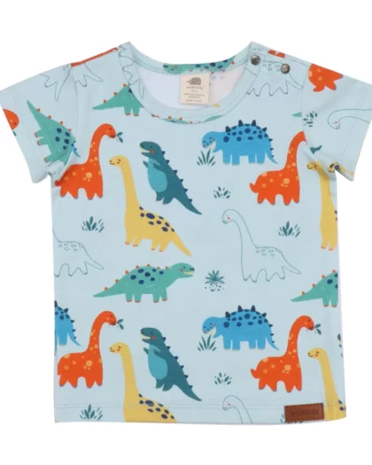 maglietta a manica corta per bambini di colore azzurro con stampa a tema dinosauri colorati