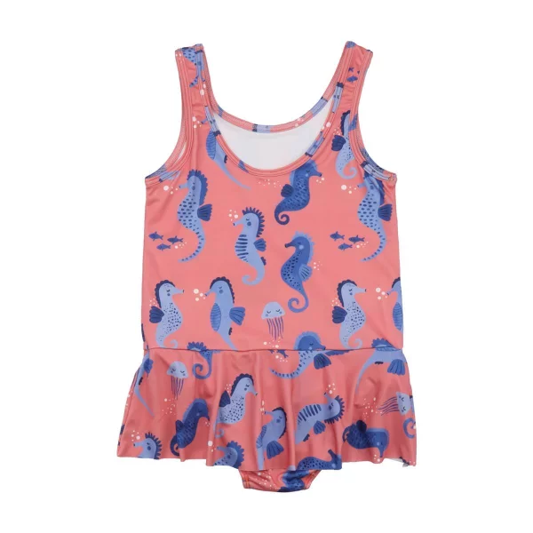 Costumino da bagno intero per bambini rosa con stampe di cavallucci marini