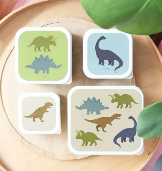 4 scatole porta merenda e porta pranzo con disegnati i dinosauri