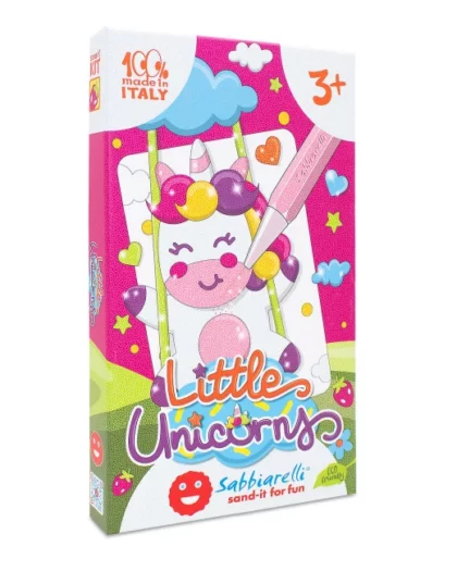 Gioco creativo per bambini. Kit sabbiarelli a tema unicorni . tanti disegni da colorare con la sabbia a tema unicorni