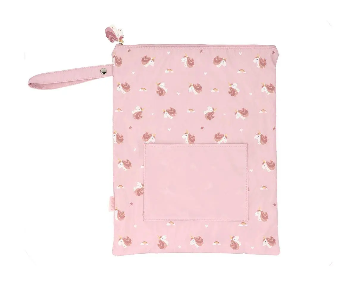 borsa impermeabile di colore rosa con disegni di unicorni, perfetta per il cambio dell'asilo
