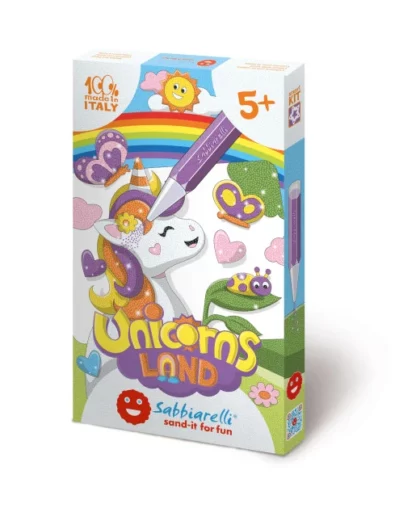 gioco creativo per bambini a tema unicorni. Il kit sabbiarelli contiene tanti disegni da colorare con la sabbia