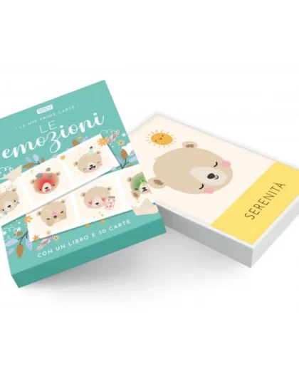 cofanetto con 30 carte illustrate per bambini a tema emozioni, con libro a tema