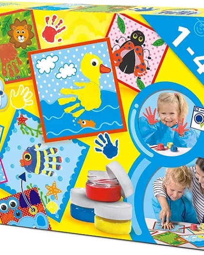 kit con colori a dite, schede prestampate per creare piccole opere d'arte
