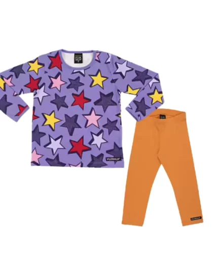 completo in cotone organico con stelle viola e pantaloni arancio