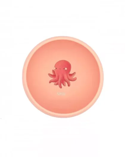 ciotola prime pappe per bambini in silicone con ventosa di colore rosa e disegno di un polipo