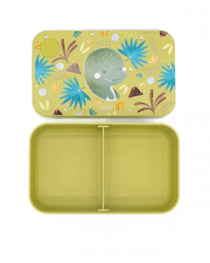 porta pranzo per bambini di colore verde con disegno di dinosauro