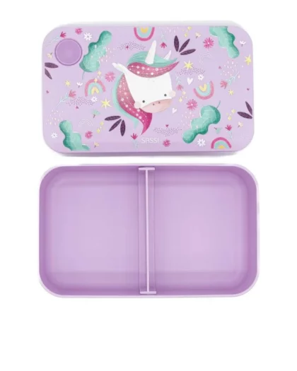 porta pranzo di colore viola per bambini con disegno di unicorno