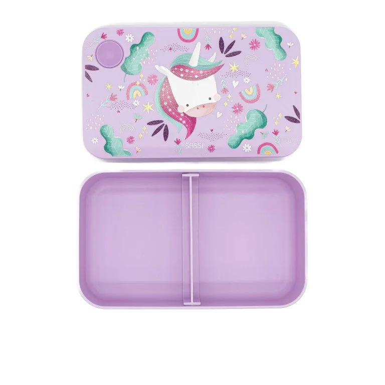 porta pranzo di colore viola per bambini con disegno di unicorno