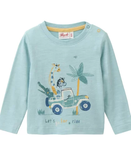 maglietta a manica lunga in cotone bio per bambini di colore azzurro con disegni di animali