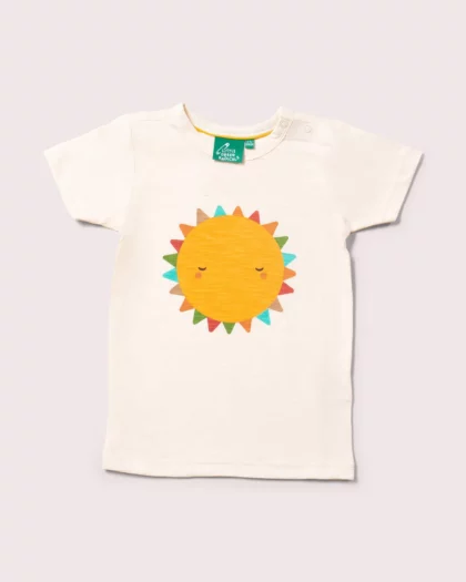 t shirt a manica corta per bambini in puro cotone biologico, bianca con sole giallo