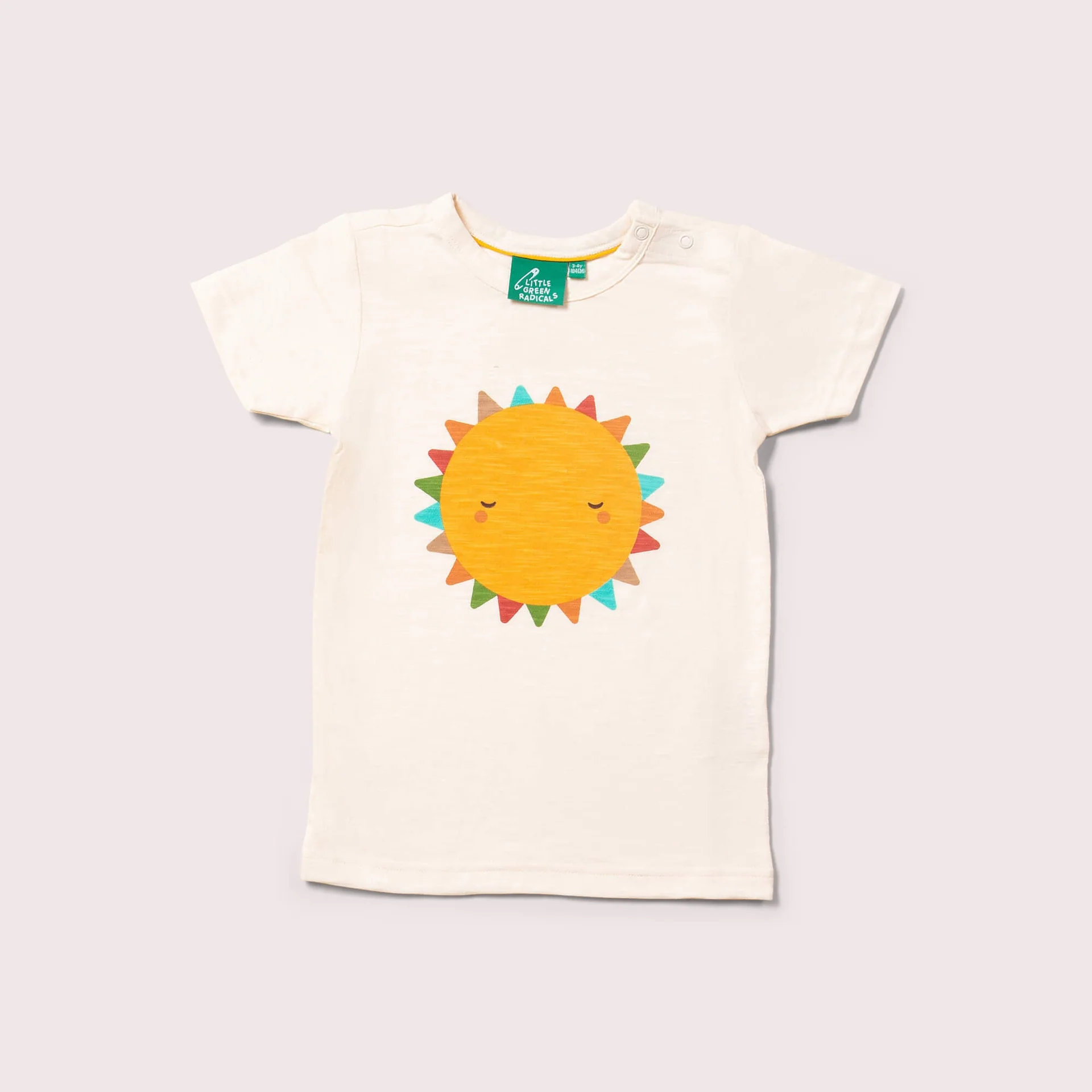 t shirt a manica corta per bambini in puro cotone biologico, bianca con sole giallo