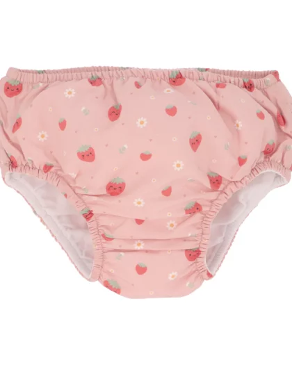 costume contenitivo di colore rosa con disegni di fragole