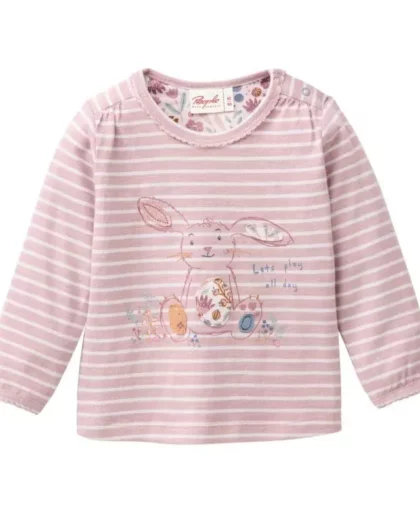 maglietta a maniche lunghe bianco e rosa per bambine con disegno di coniglietto, in cotone biologico del brand People wear organic