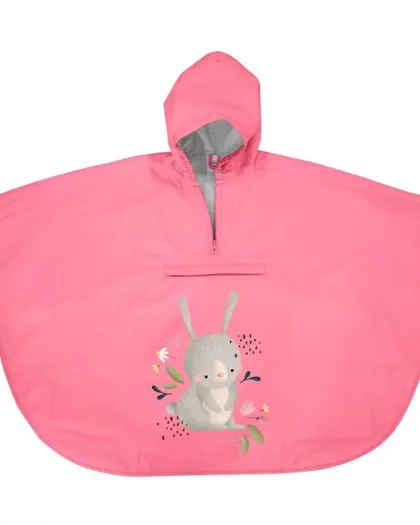 poncho impermeabile di colore rosa con disegno di coniglietta