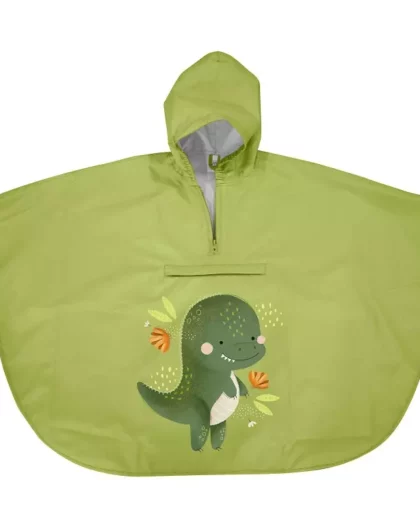 Poncho impermeabile per bambini di colore verde con disegno di dinosauro