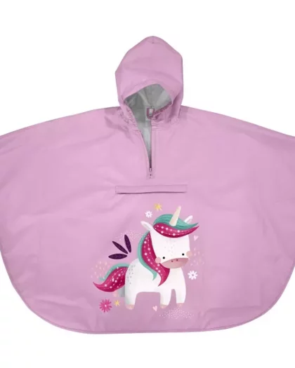 poncho impermeabile di colore viola con disegno di Unicorno