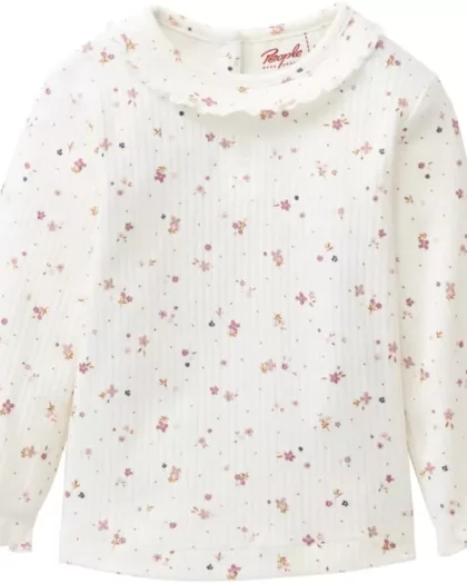 maglietta bianca a manica lunga in cotone biologico con fiorellini, marca people wear organic